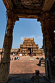 The great Chola temples of Tamil Nadu - The Brihadishwara Temple of Thanjavur. The gopura seen from the pavilion of Nandi. 